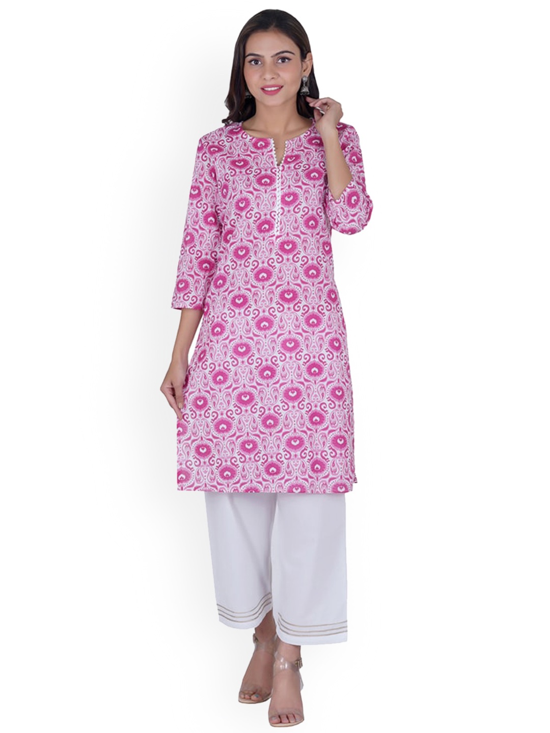 

BAESD Quirky Printed Notch Neck Pure Cotton Straight Kurta, Pink