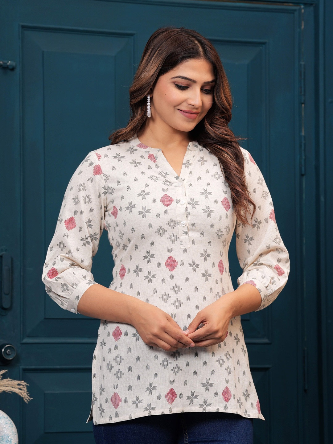

BAESD Floral Print Mandarin Collar Cotton Top, Off white