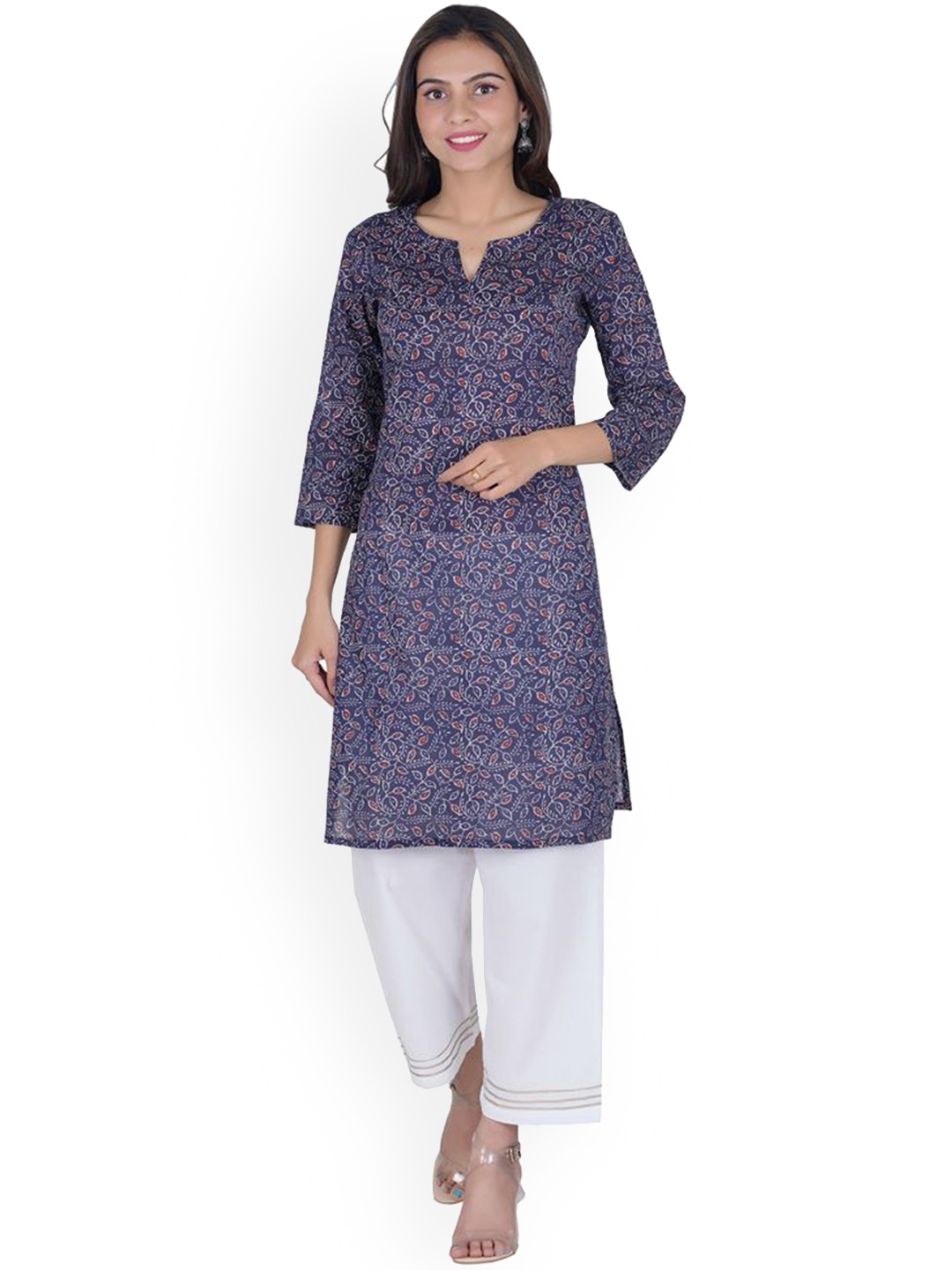 

BAESD Ethnic Motifs Printed Notch Neck Cotton Straight Kurta, Blue