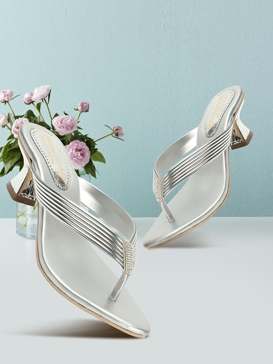 

madam glorious Embellished Open Toe Kitten Sandals, Silver
