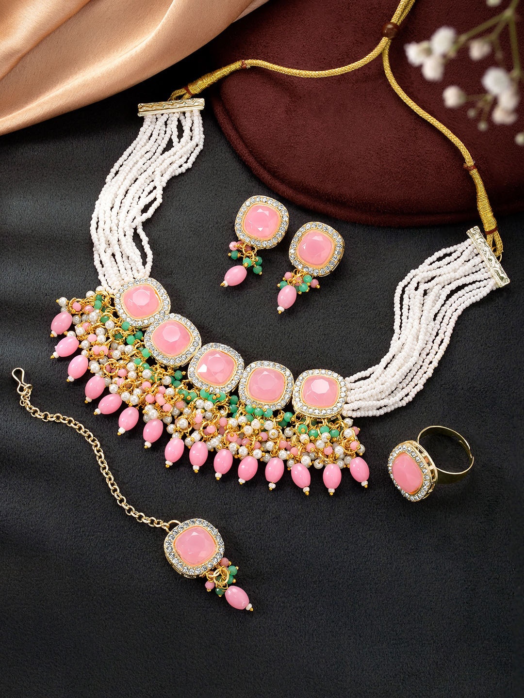 

Peora Gold-Plated Stone-Studded & Beaded Jewellery Set