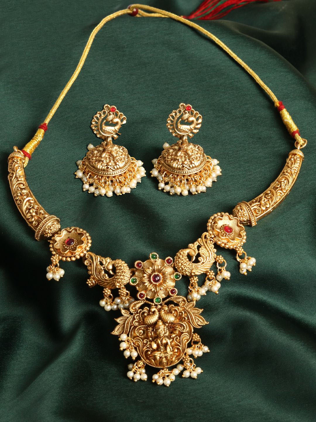 

Adwitiya Collection Women Gold Plated Stone-Studded & Beaded Laxmi Temple Jewellery Set