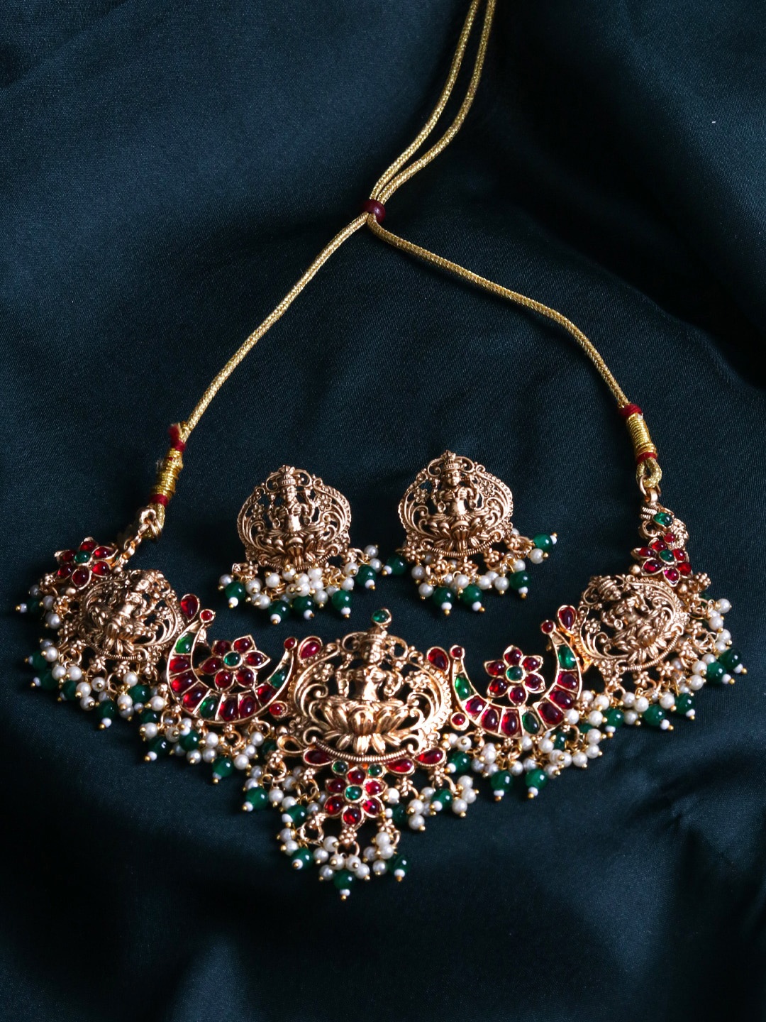 

Adwitiya Collection Gold-Plated Stone-Studded & Beaded Laxmi Temple Jewellery Set