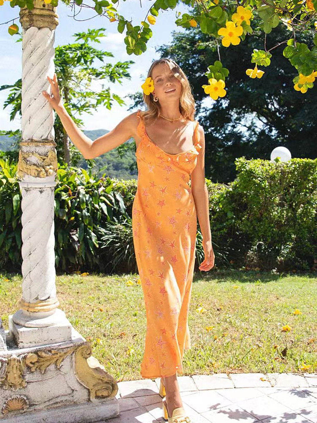 

LULU & SKY Shoulder Straps Floral A-Line Dress, Orange