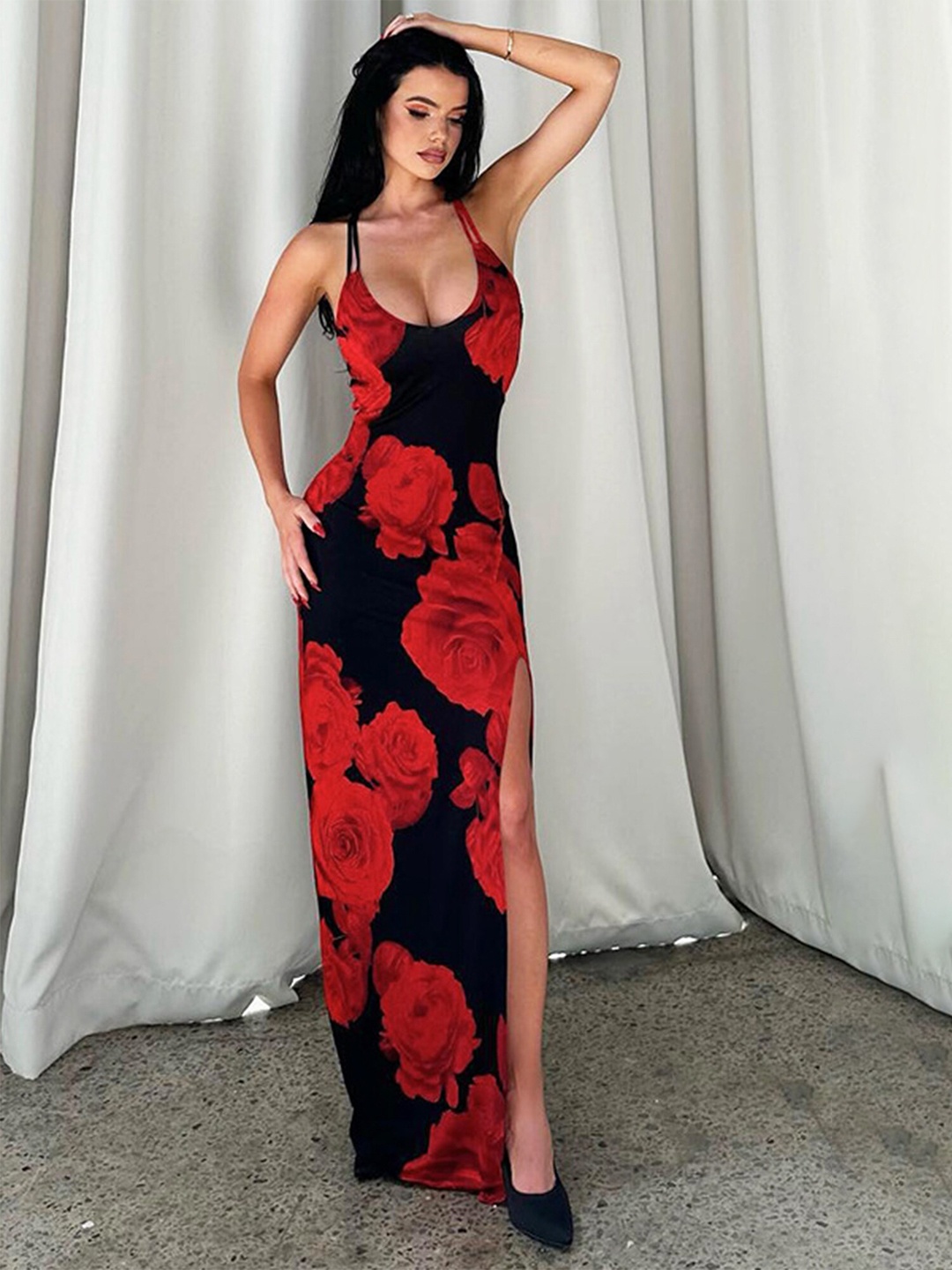 

LULU & SKY Floral Print Halter Neck Slit Maxi Dress, Red