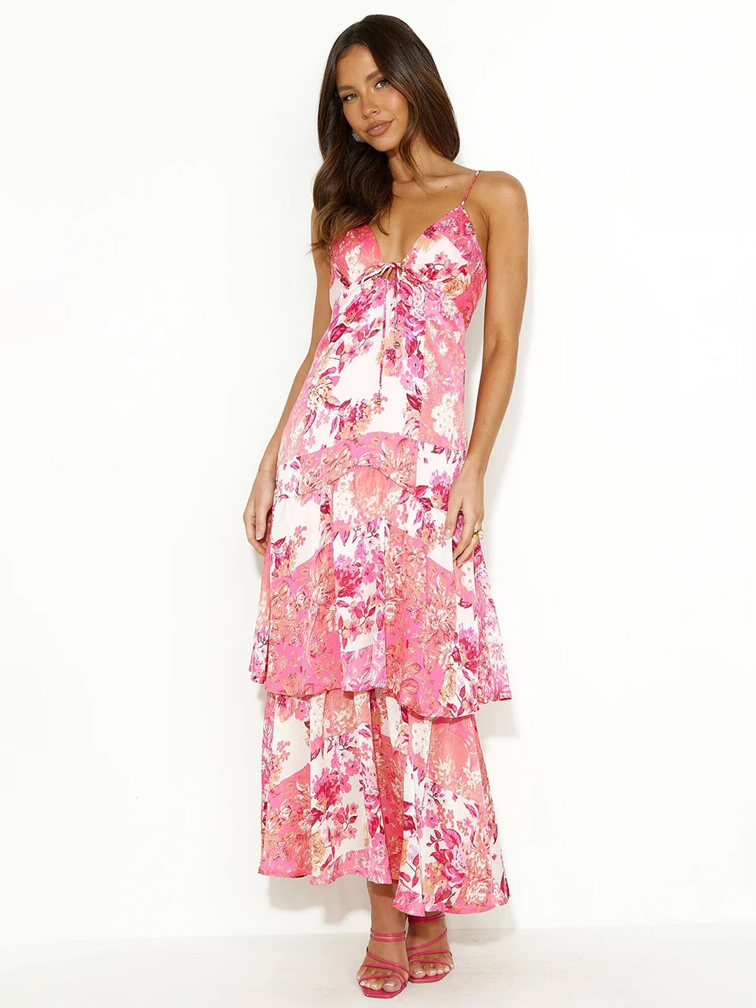 

LULU & SKY Shoulder Straps Sleeveless Floral Print Maxi Dress, Pink
