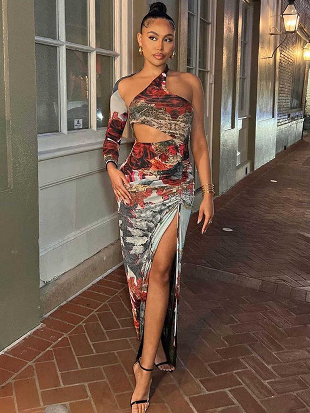 

LULU & SKY Abstract Print One Shoulder Maxi Dress, Red