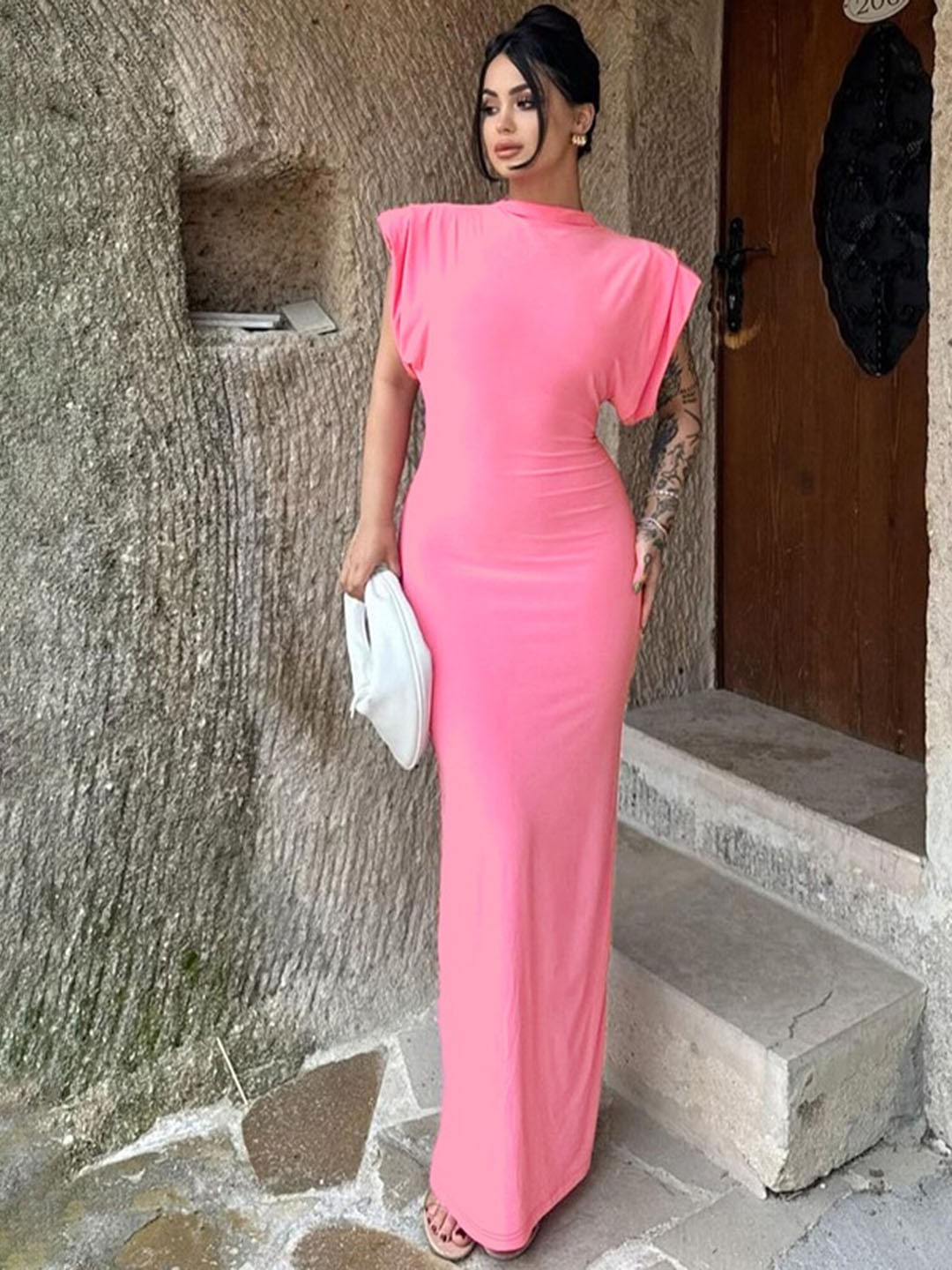 

LULU & SKY Round Neck Cap Sleeves Maxi Dress, Pink