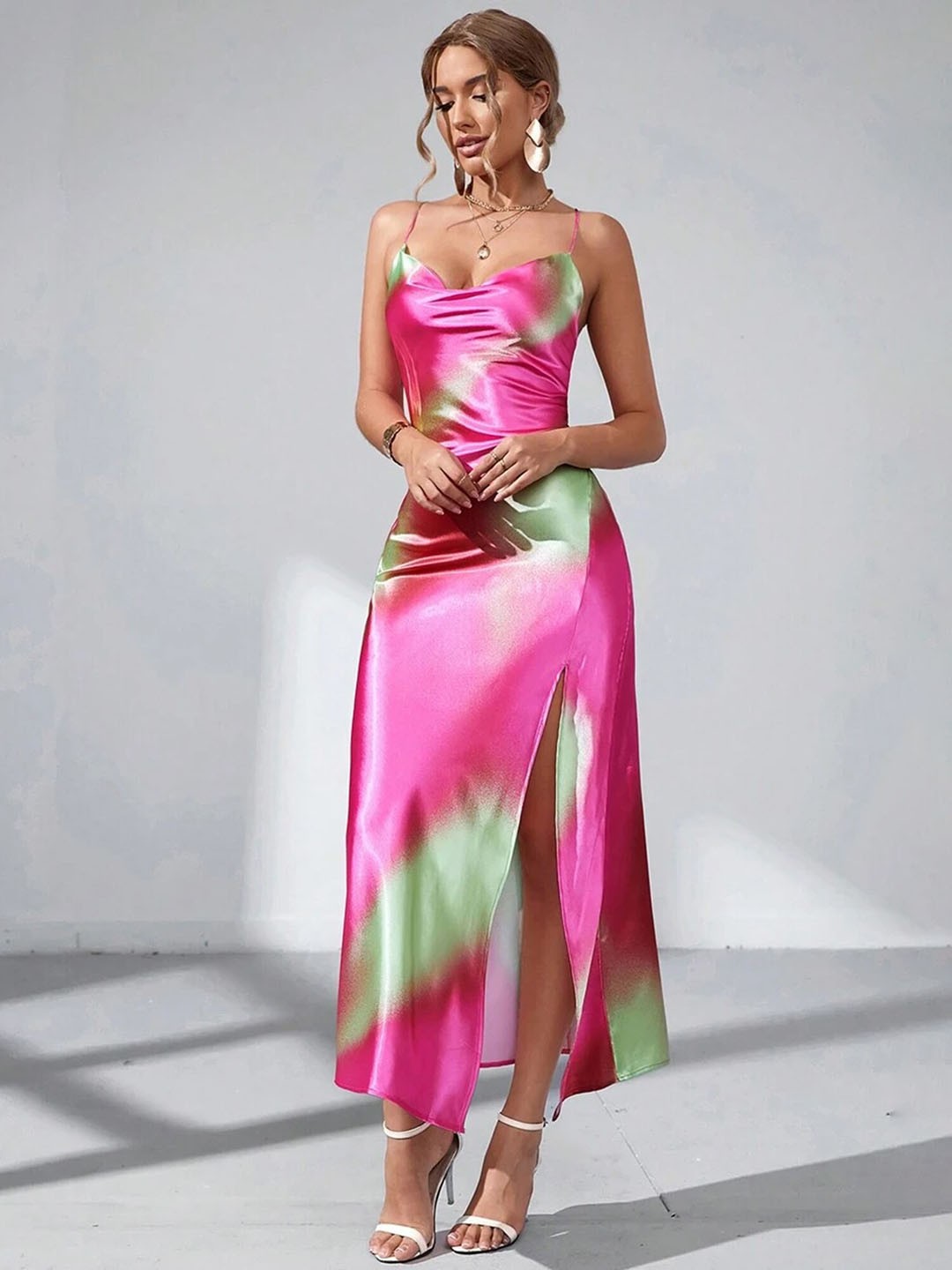 

LULU & SKY Shoulder Straps Tie and Dye Print Maxi Dress, Pink