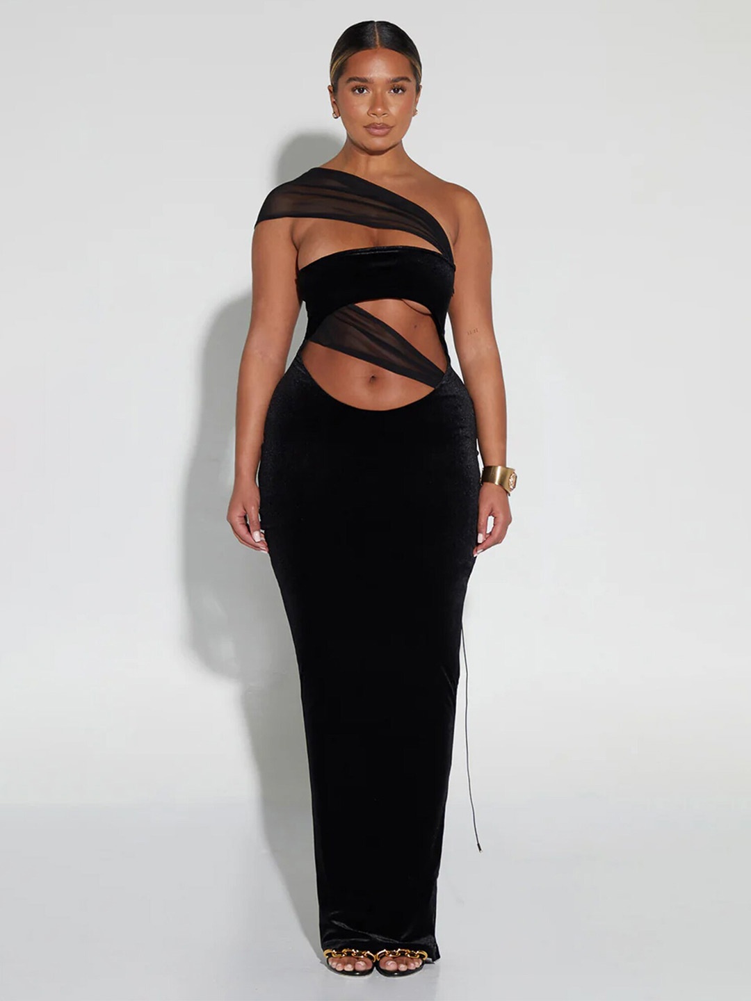 

LULU & SKY Women Asymmetrical Cut-out Velour Maxi Dress, Black
