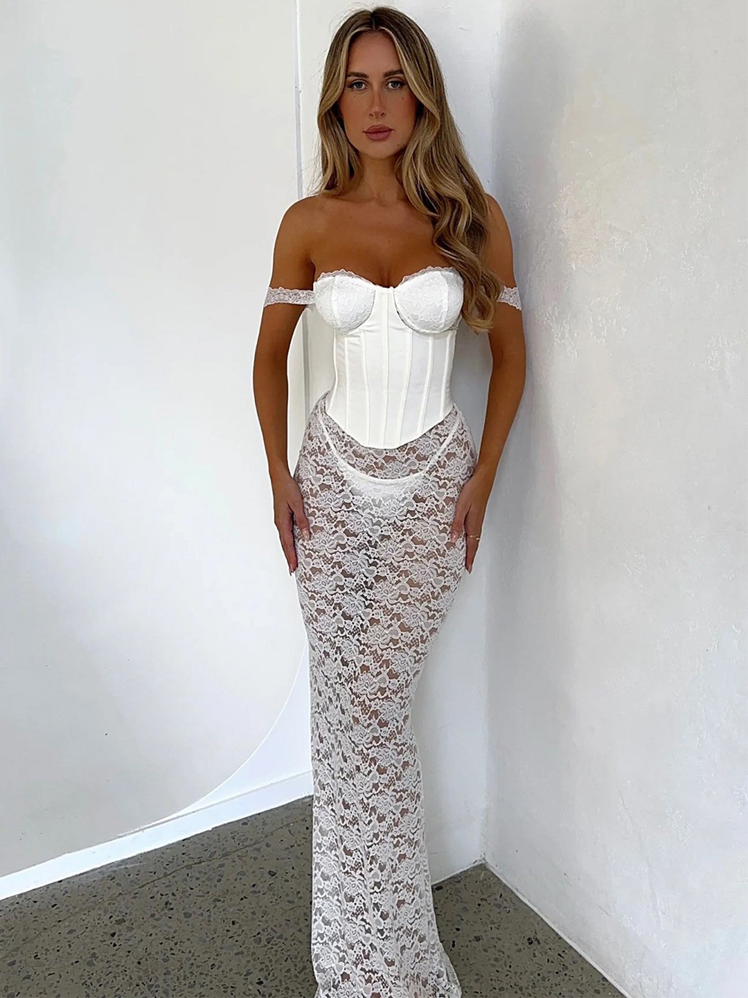 

LULU & SKY Self Design Off-Shoulder Bodycon Maxi Dress, White