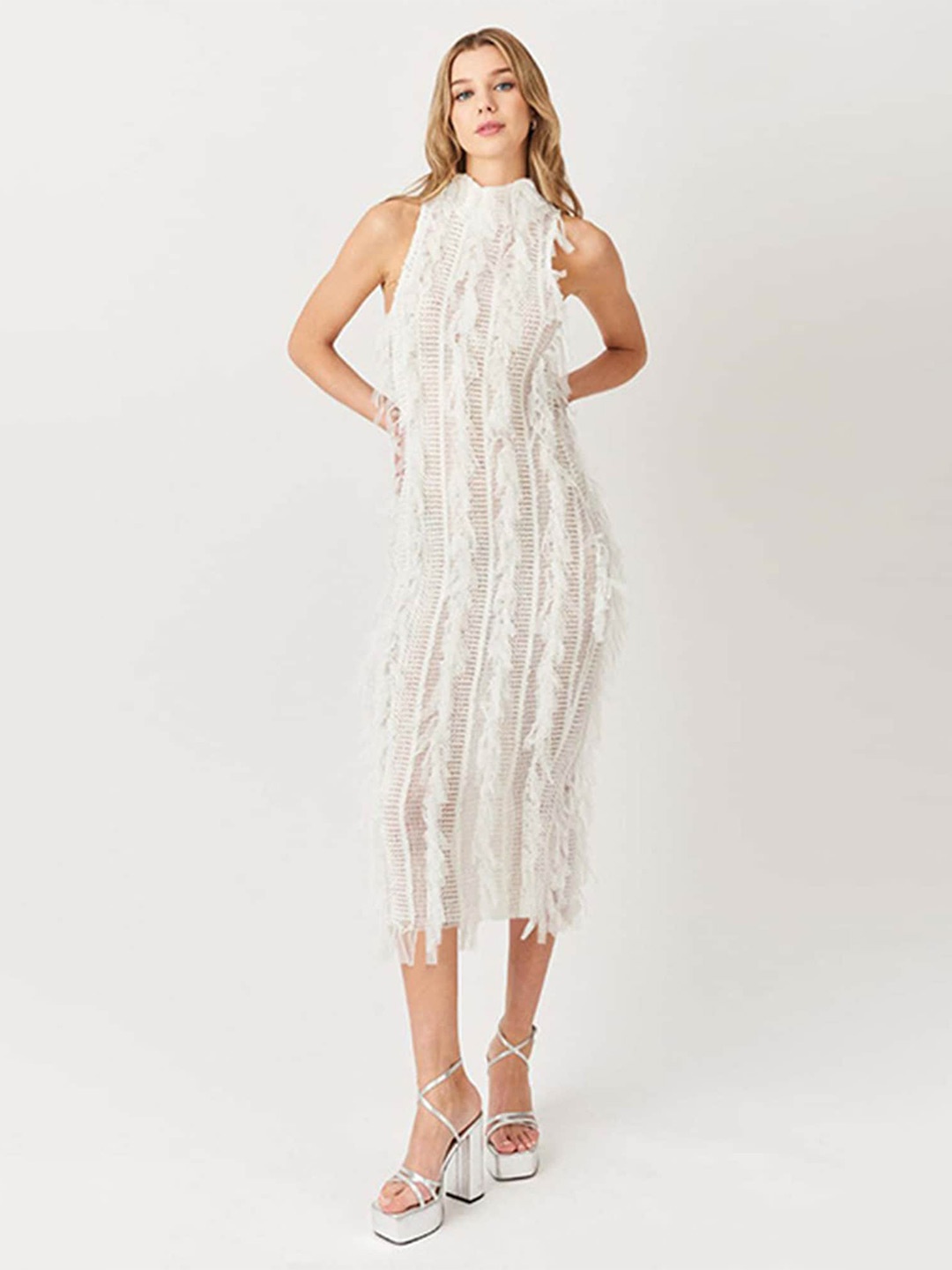 

LULU & SKY Self Design High Neck Fringed A-Line Midi Dress, White