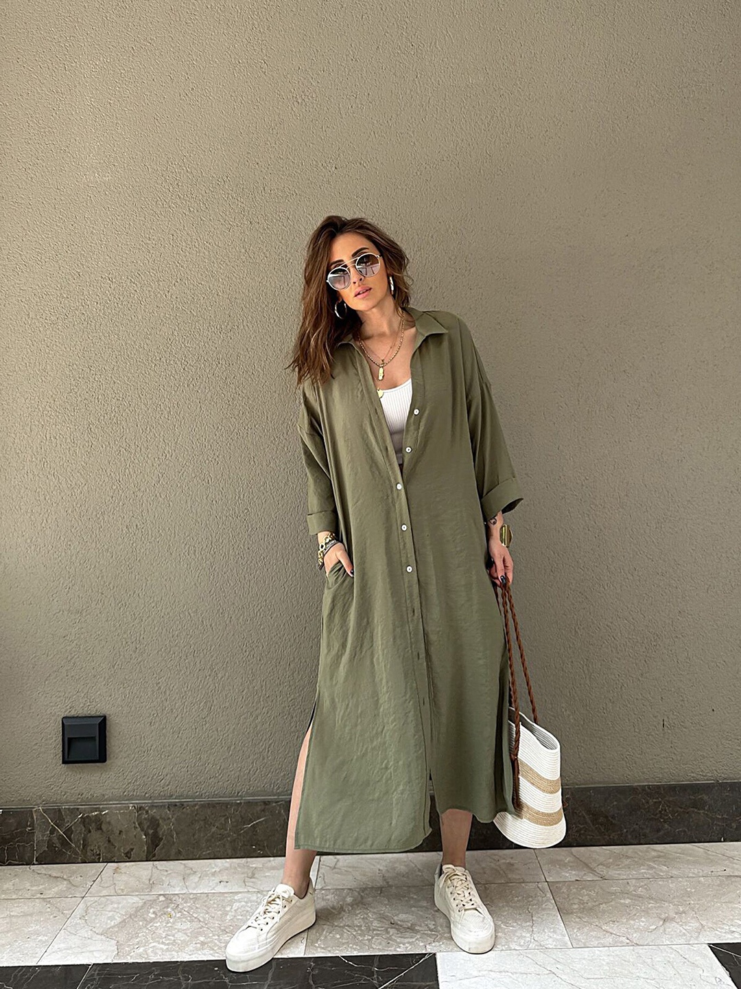 

LULU & SKY Long Sleeves Maxi Shirt Dress, Khaki