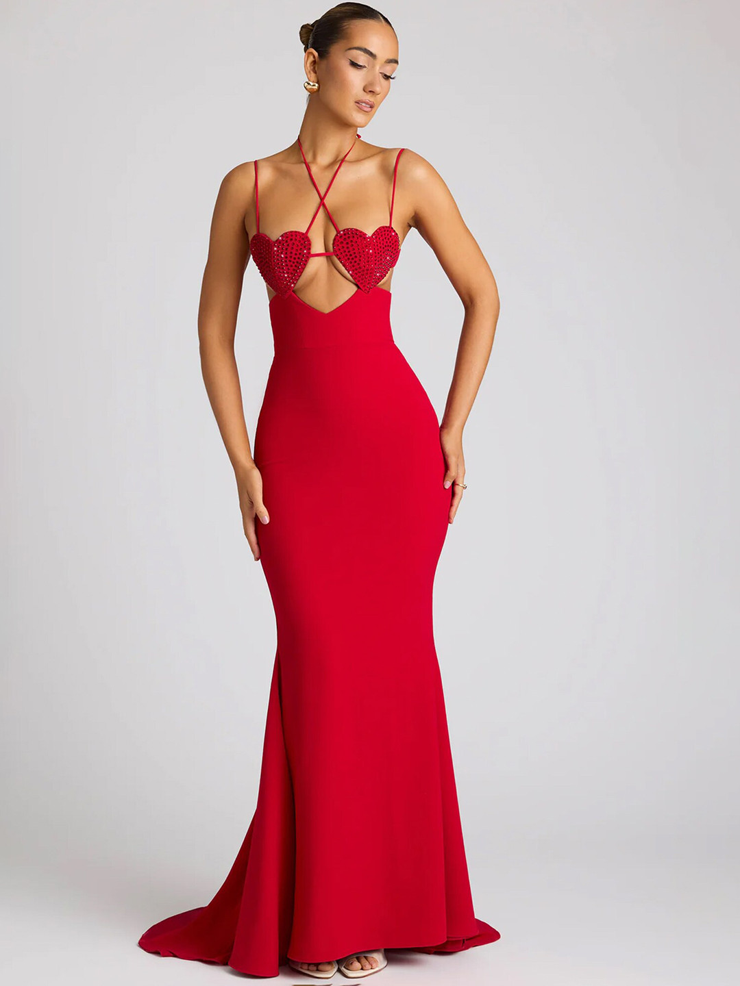 

LULU & SKY Shoulder Straps Sleeveless Embellished Maxi Dress, Red