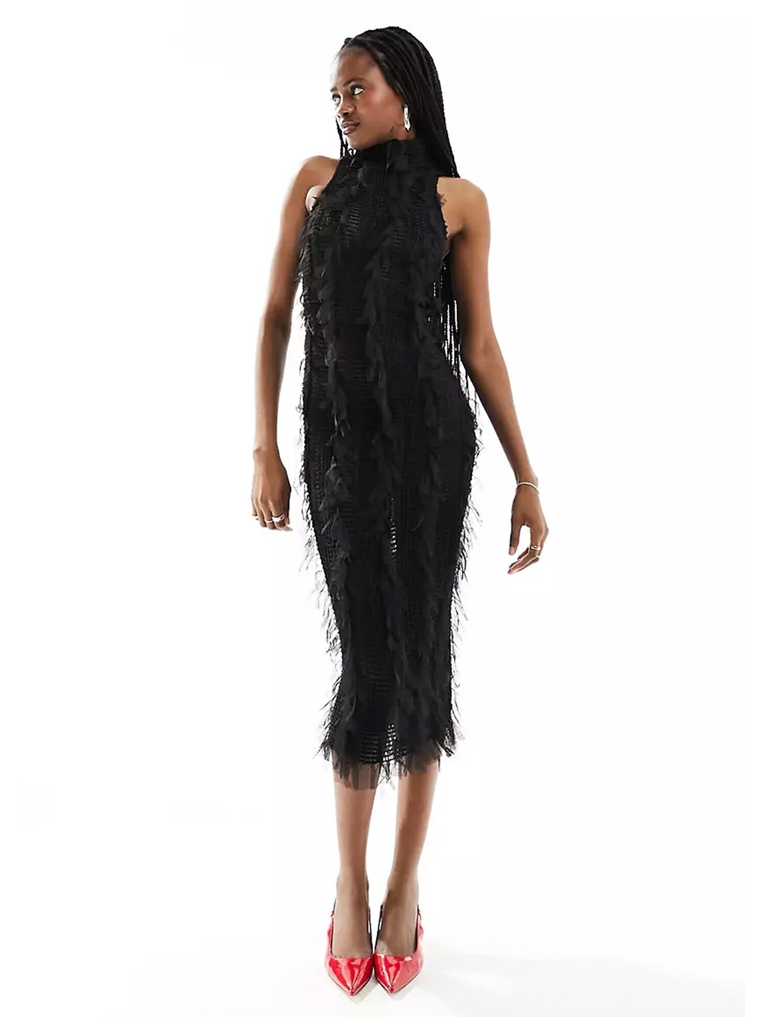 

LULU & SKY Self Design High Neck Fringed Bodycon Midi Dress, Black