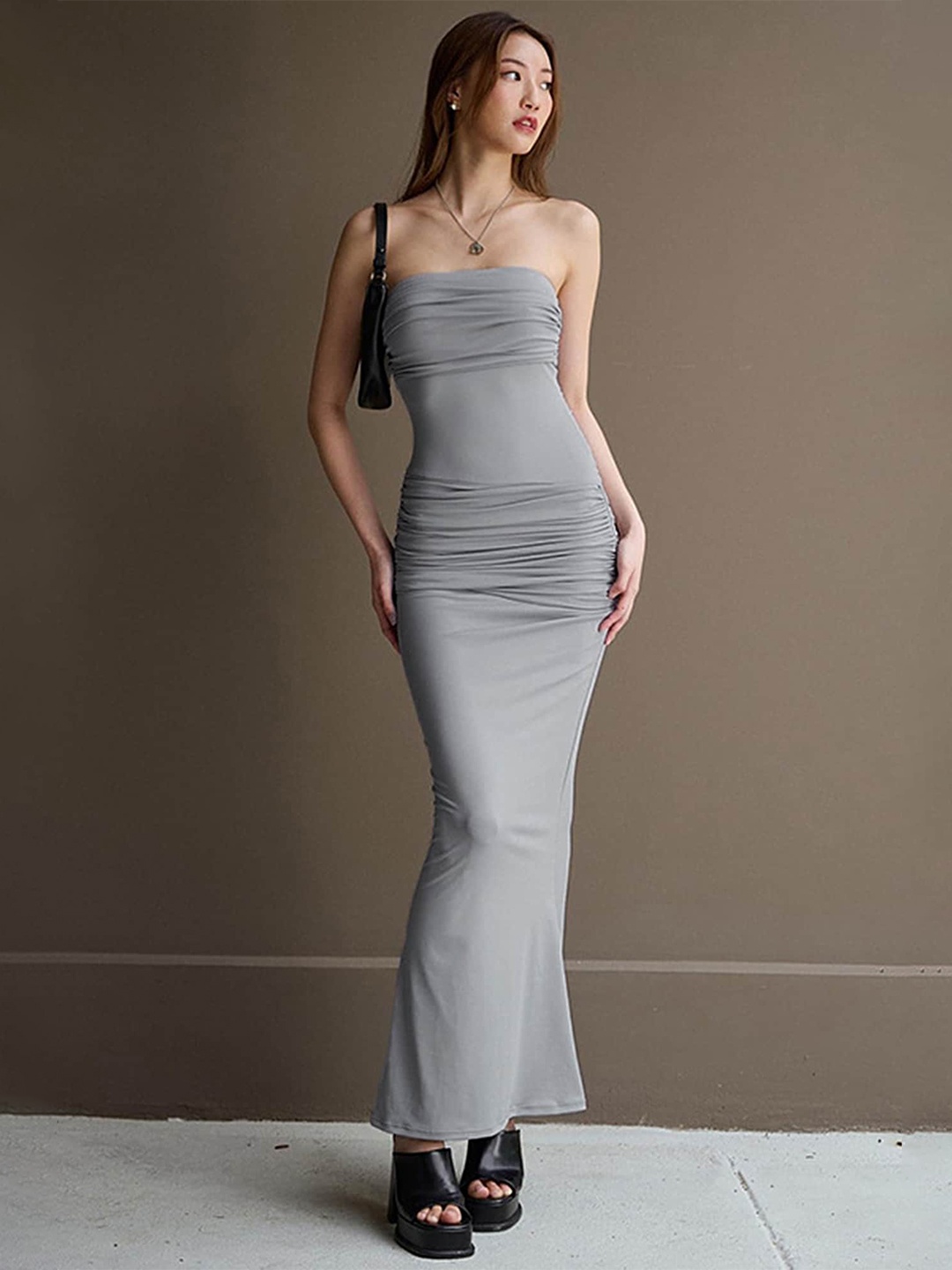 

LULU & SKY Strapless Gathered Or Pleated Maxi Dress, Grey