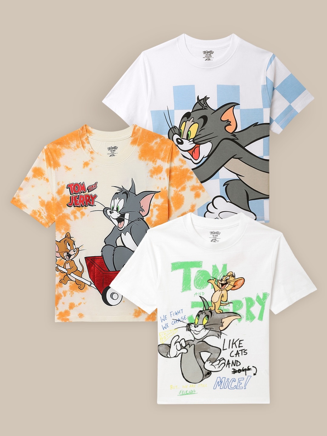 

Kids Ville Pack Of 3 Tom & Jerry Printed Pure Cotton T-Shirts, White