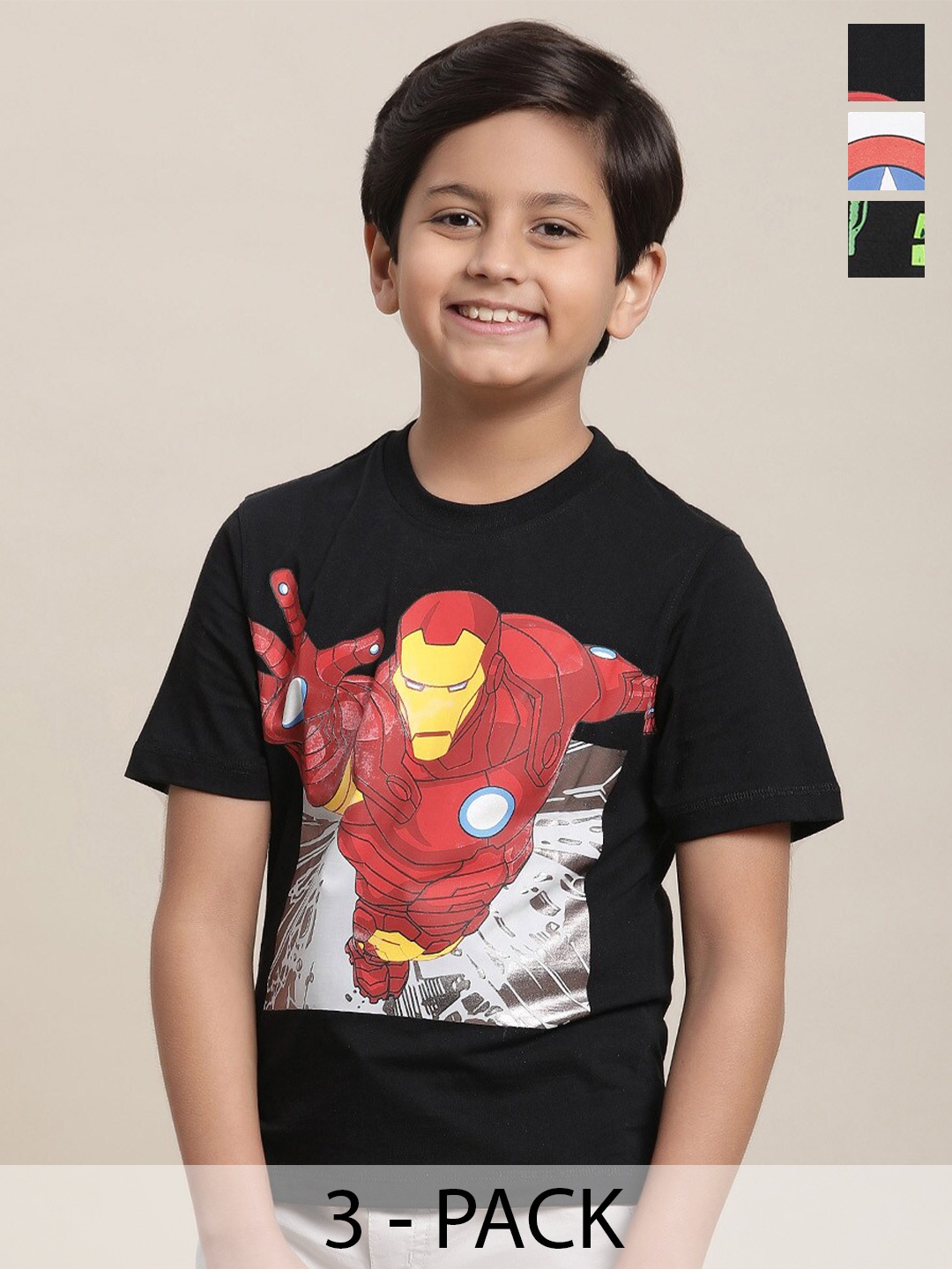 

Kids Ville Pack Of 3 Avengers Printed Pure Cotton T-Shirts, Black