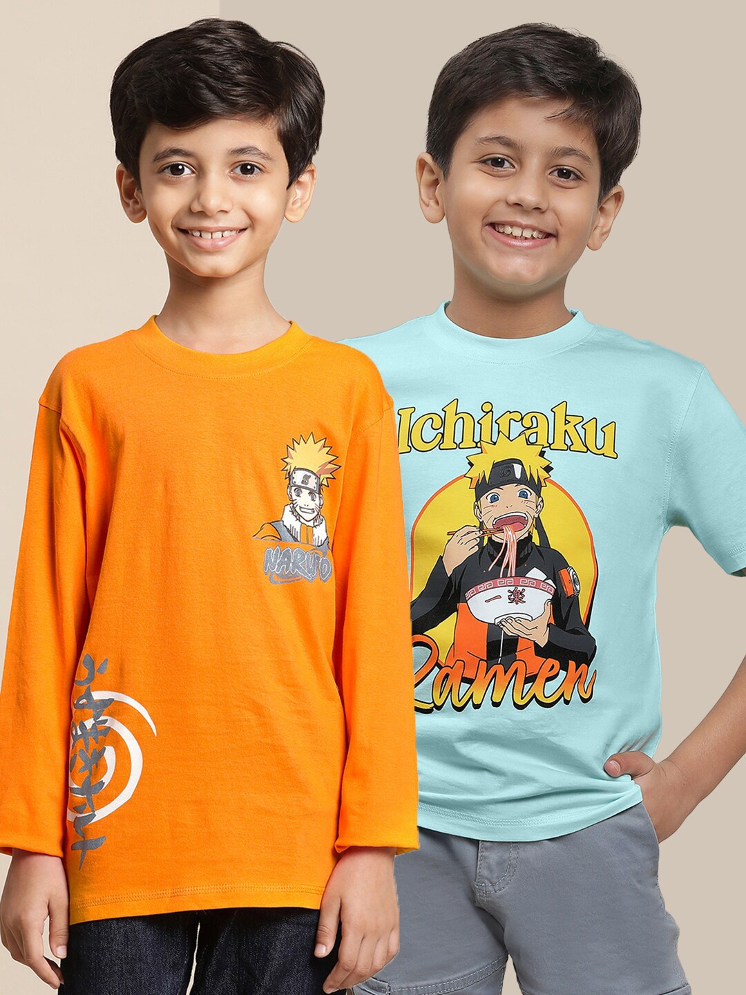 

Kids Ville Boys Pack of 2 Naruto Printed Pure Cotton Round Neck Tshirt, Orange