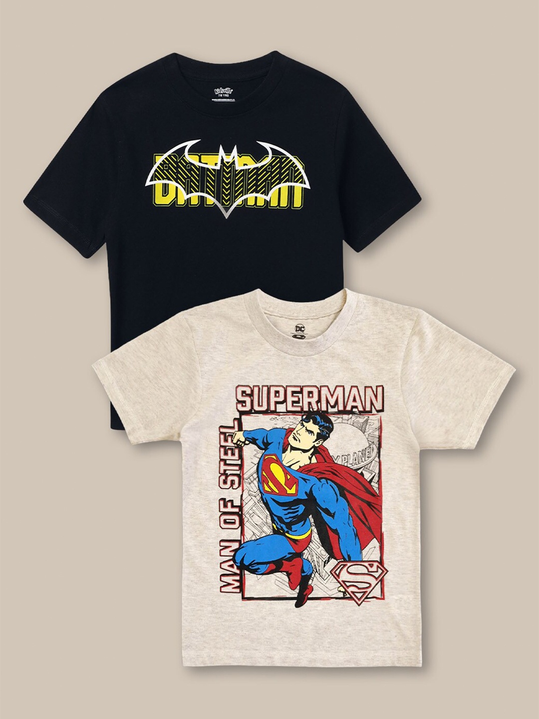 

Kids Ville Boys Pack Of 2 DC Comics Printed Pure Cotton Tshirts, Beige