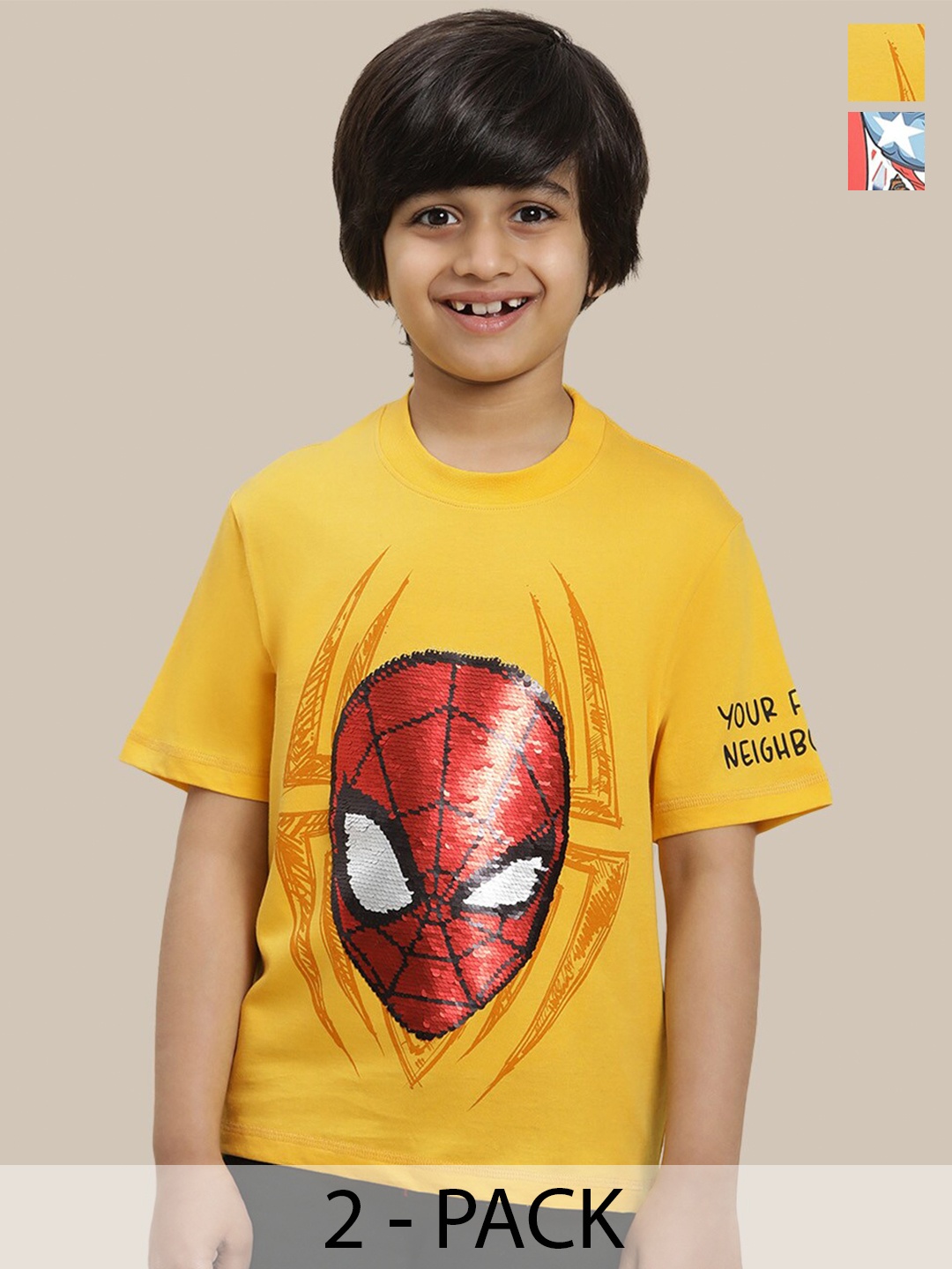 

Kids Ville Pack Of 2 Avengers Printed Pure Cotton T-Shirts, Yellow