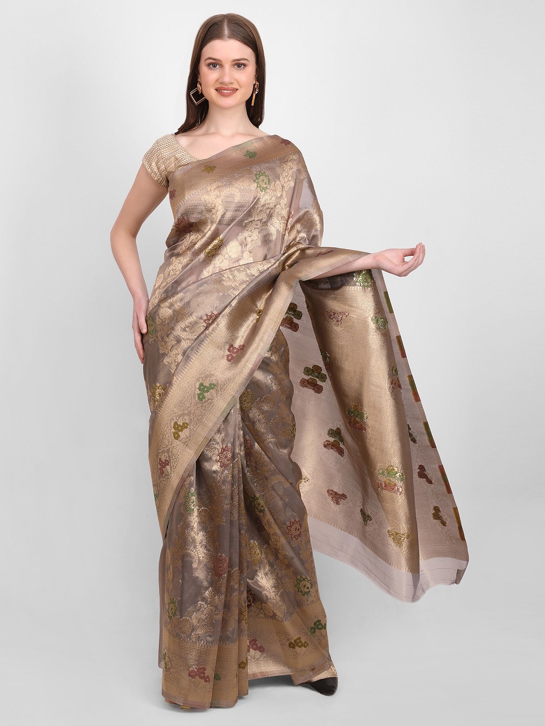 

GENDAFOOL Ethnic Motifs Zari Satin Saree, Silver