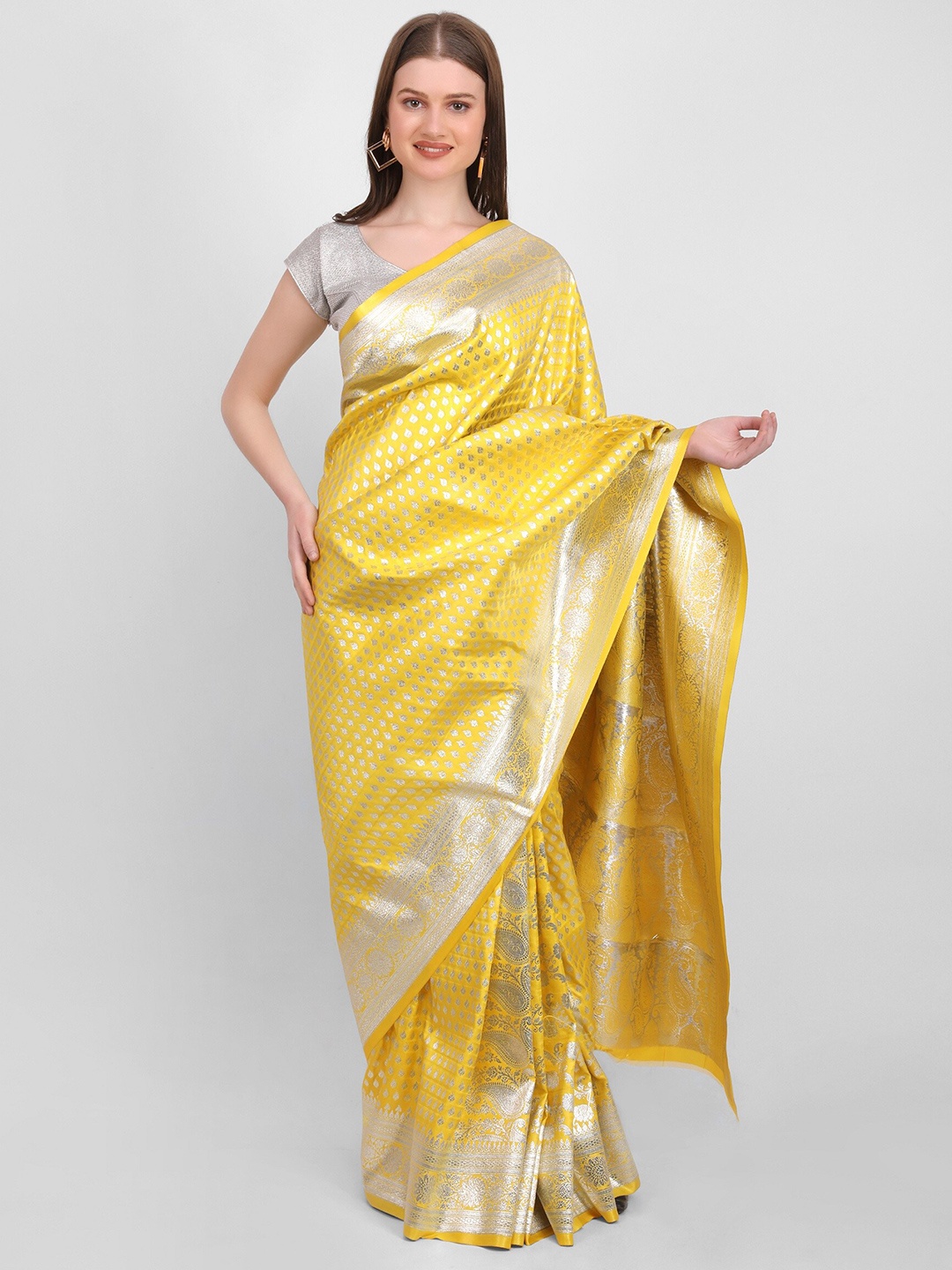 

GENDAFOOL Ethnic Motifs Zari Satin Saree, Yellow