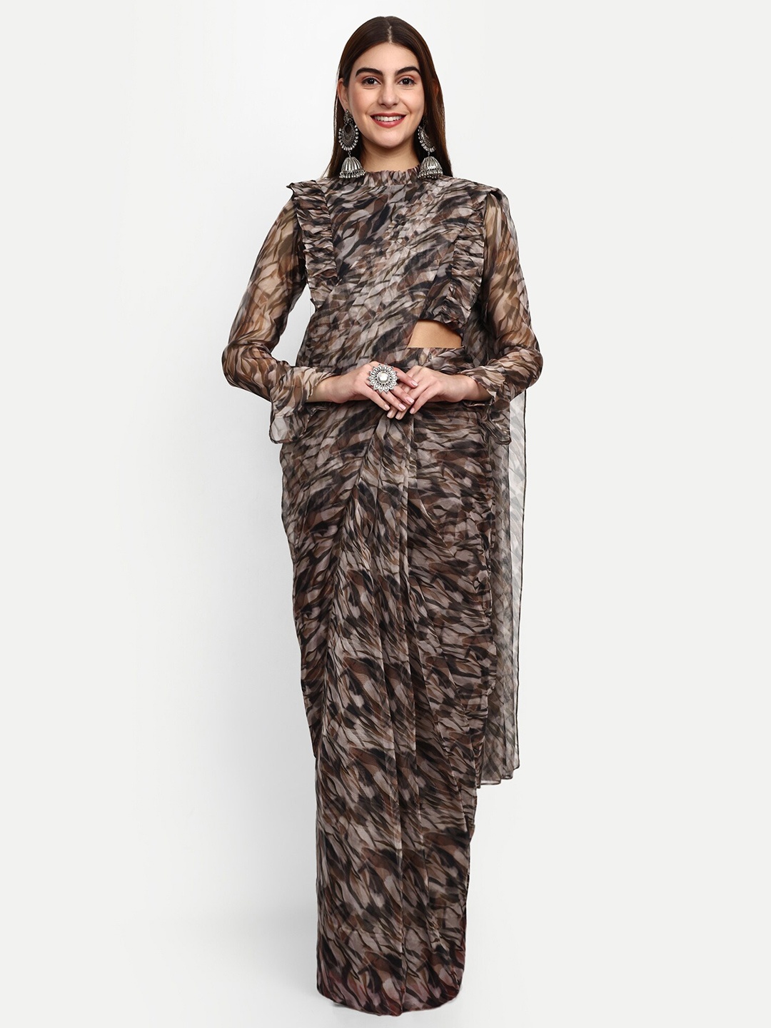 

GENDAFOOL Organza Saree, Brown