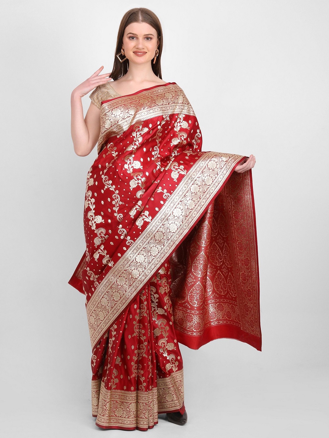 

GENDAFOOL Ethnic Motifs Zari Satin Banarasi Saree, Maroon