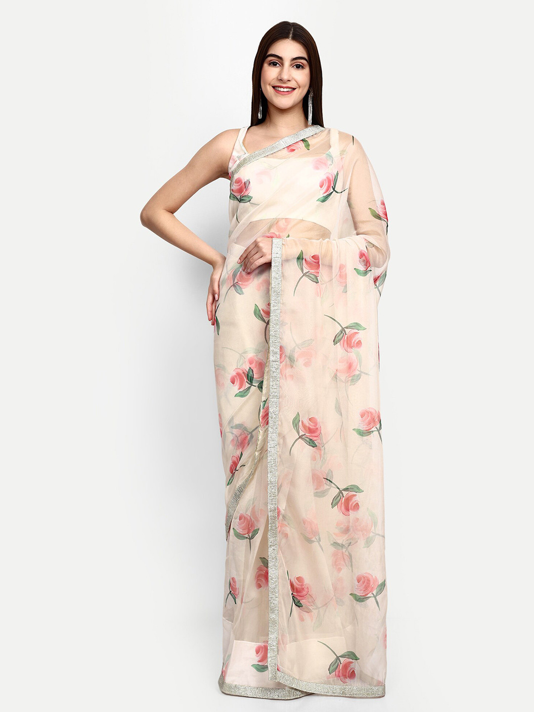 

GENDAFOOL Floral Zari Organza Saree, Off white