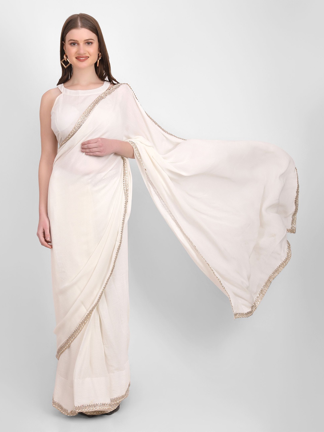 

GENDAFOOL Beads and Stones Pure Chiffon Saree, White