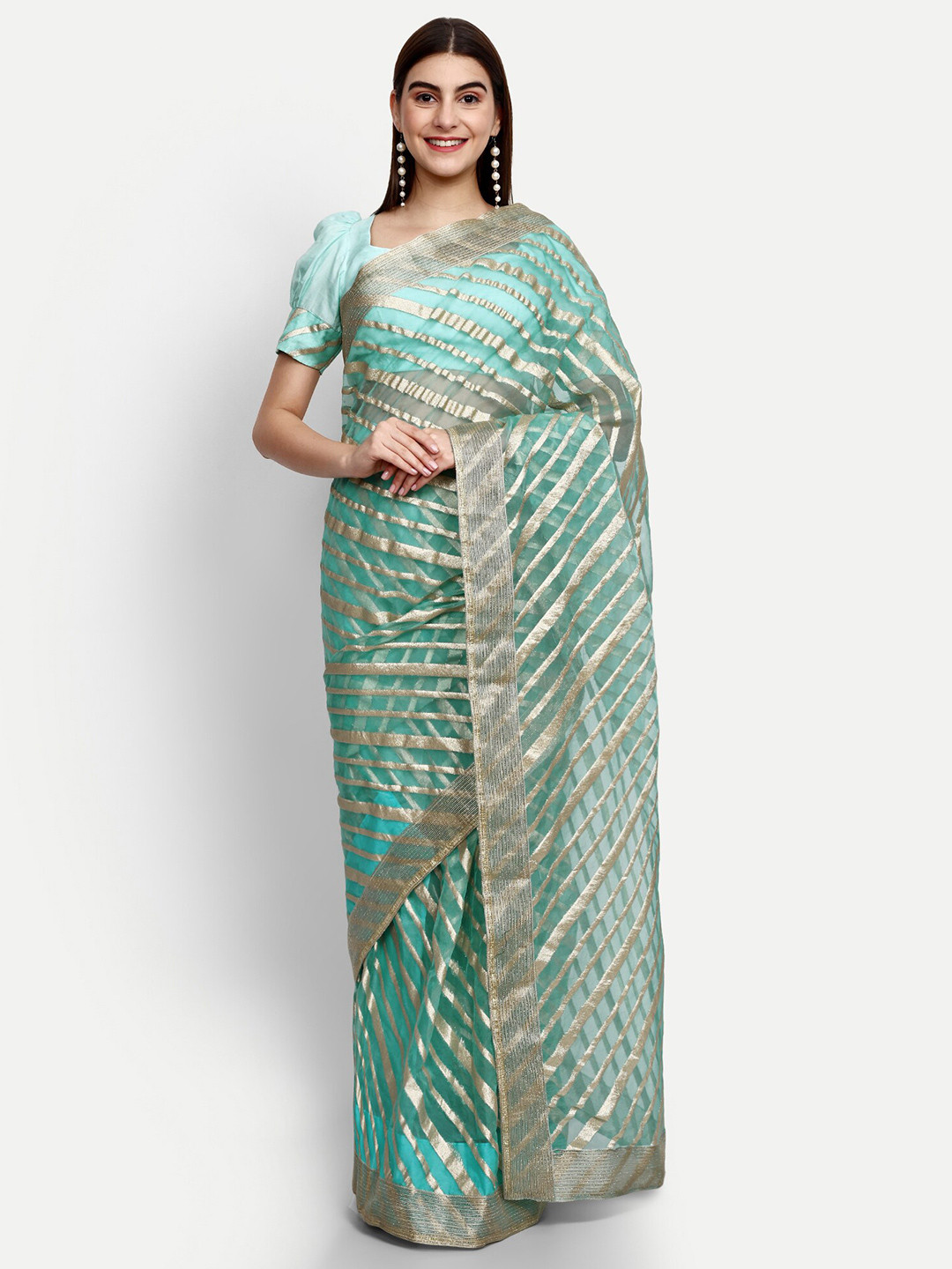 

GENDAFOOL Striped Embroidered Organza Saree, Green