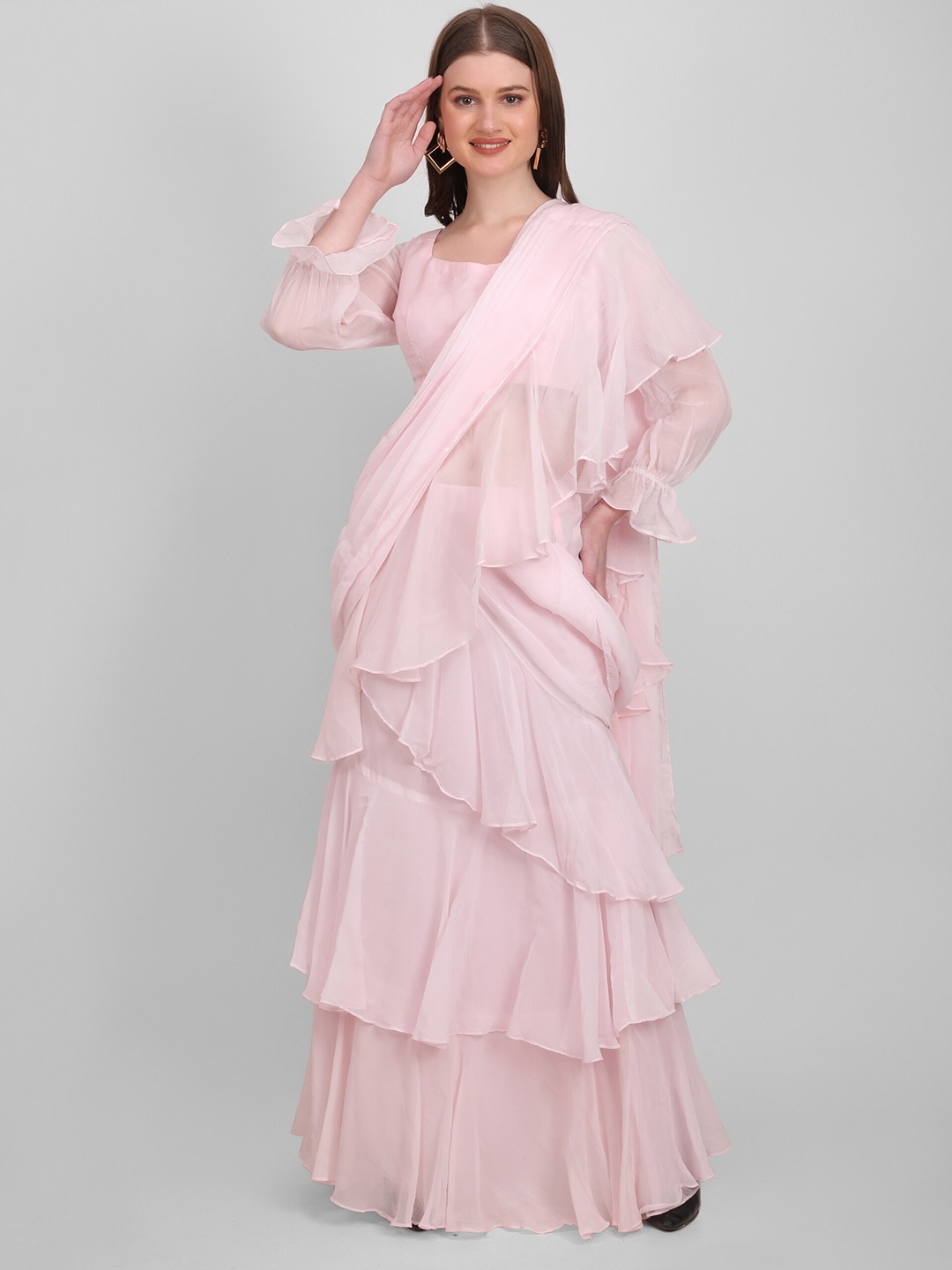 

GENDAFOOL Women Solid Organza Ruffles Saree, Pink