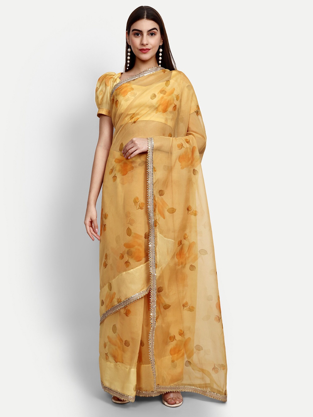 

GENDAFOOL Floral Embroidered Organza Saree, Yellow