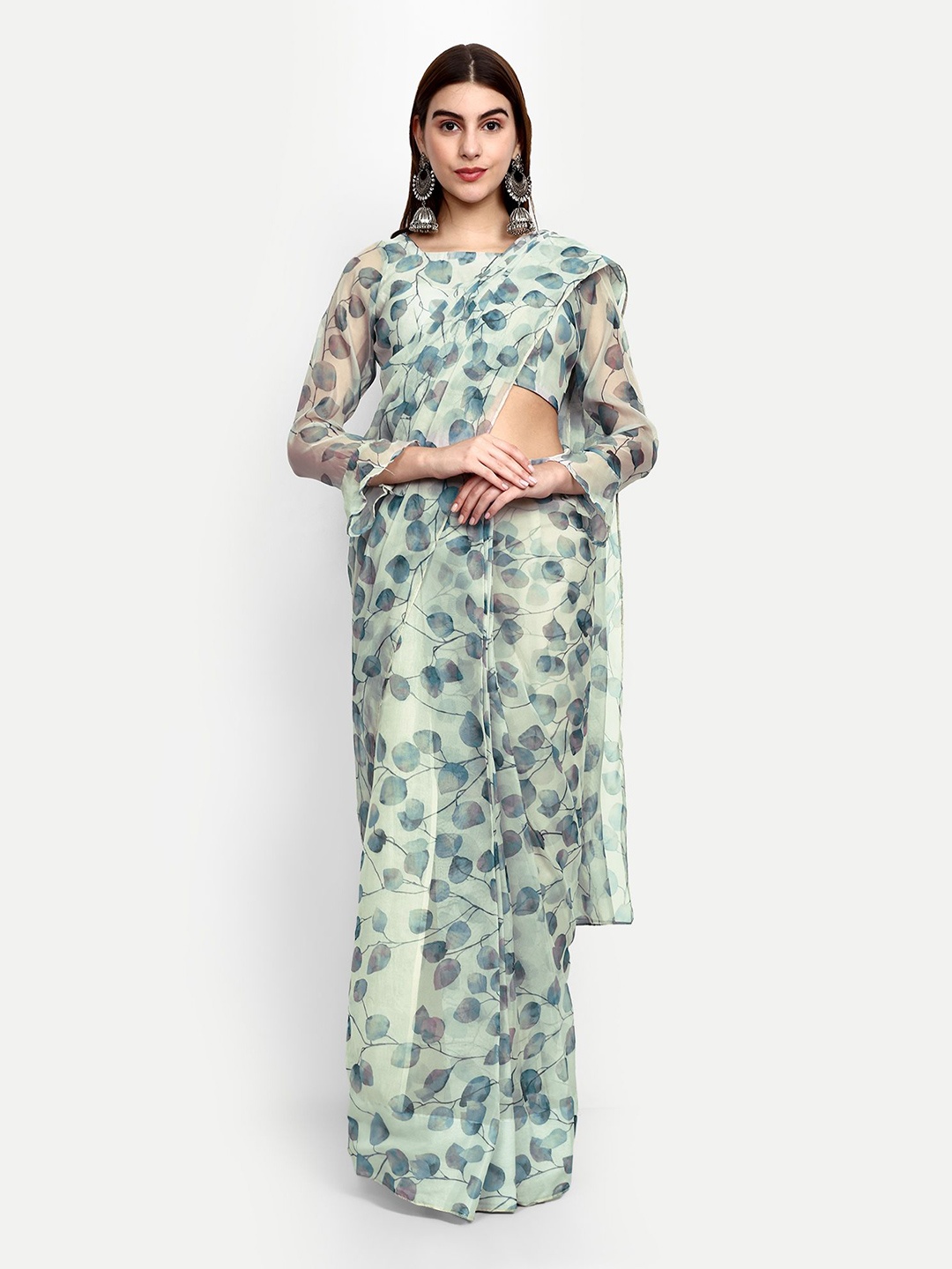 

GENDAFOOL Floral Organza Ready to Wear Saree, White