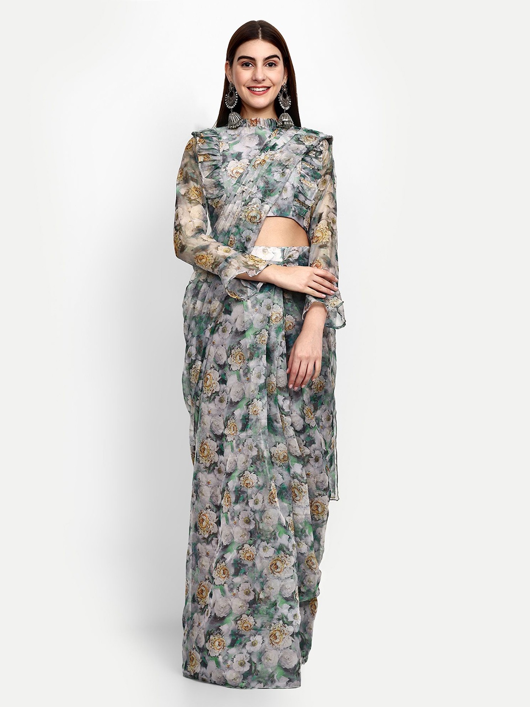 

GENDAFOOL Floral Organza Saree, Green
