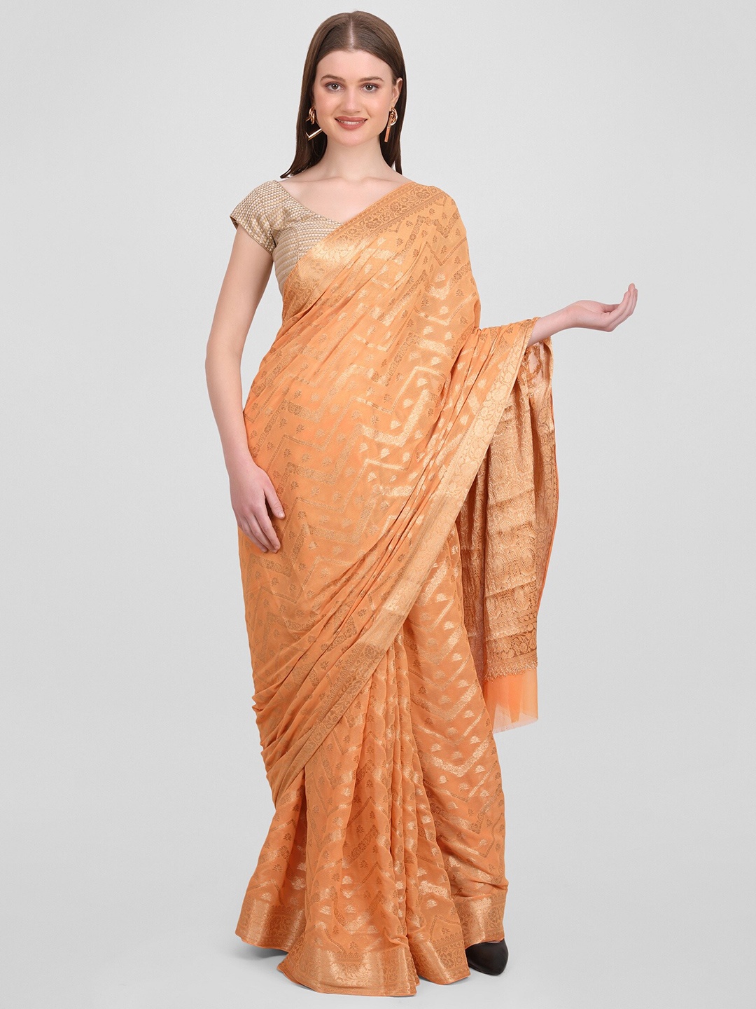 

GENDAFOOL Woven Design Zari Satin Saree, Peach