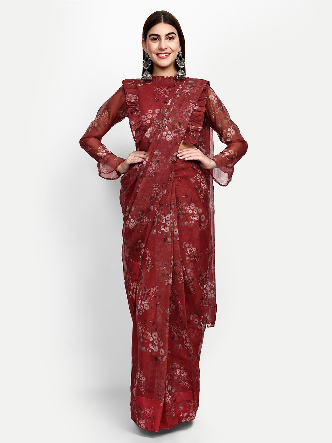 

GENDAFOOL Floral Tissue Ready to Wear Saree With Blouse, Maroon