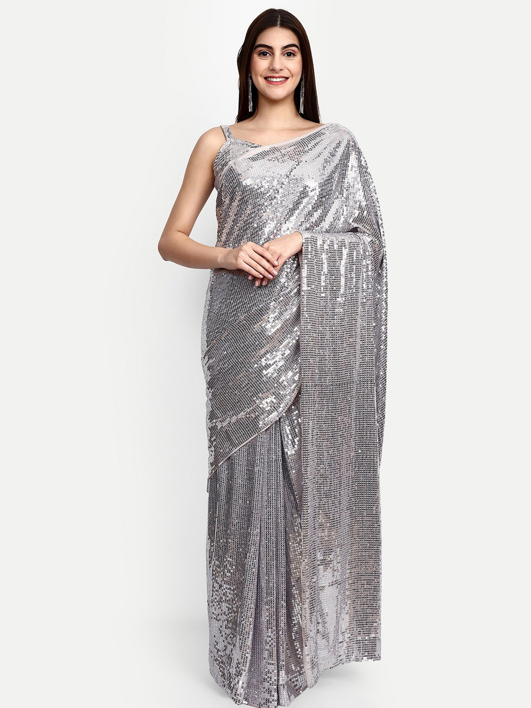 

GENDAFOOL Embellished Sequinned Poly Georgette Saree, Metallic