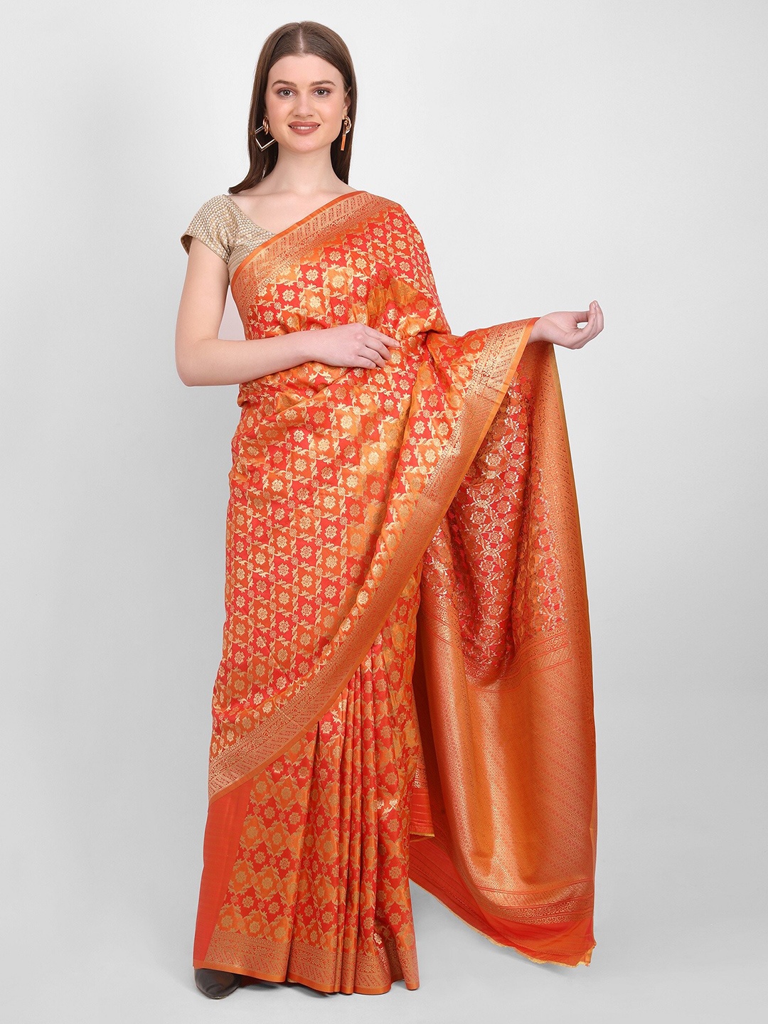 

GENDAFOOL Ethnic Motifs Zari Satin Saree, Orange