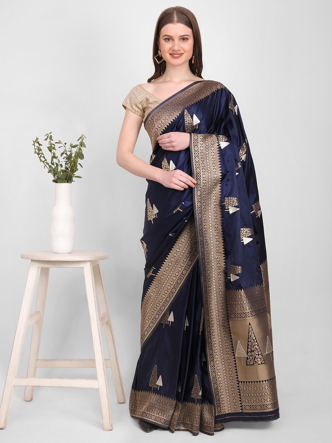 

GENDAFOOL Woven Design Zari Satin Saree, Blue