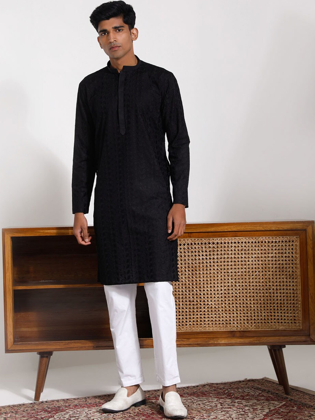 

VASTRAMAY Ethnic Motifs Embroidered Chikankari Pure Cotton Straight Kurta With Trousers, Black