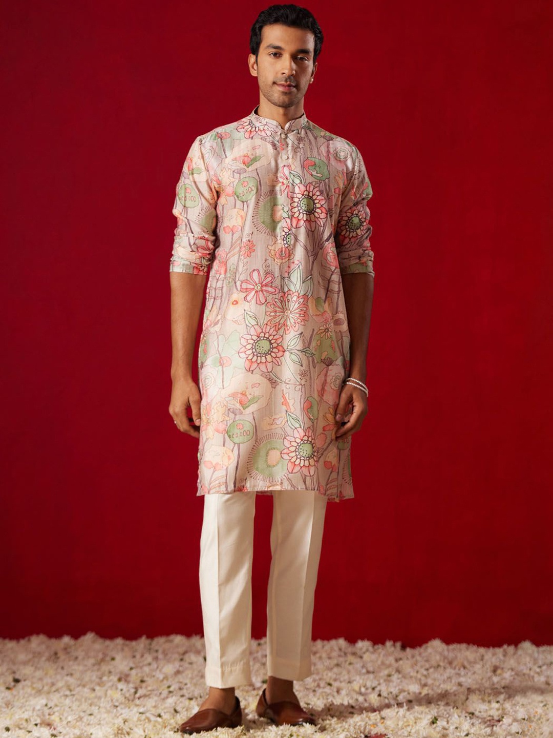 VASTRAMAY Floral Printed Regular Kurta with Trousers, Pink