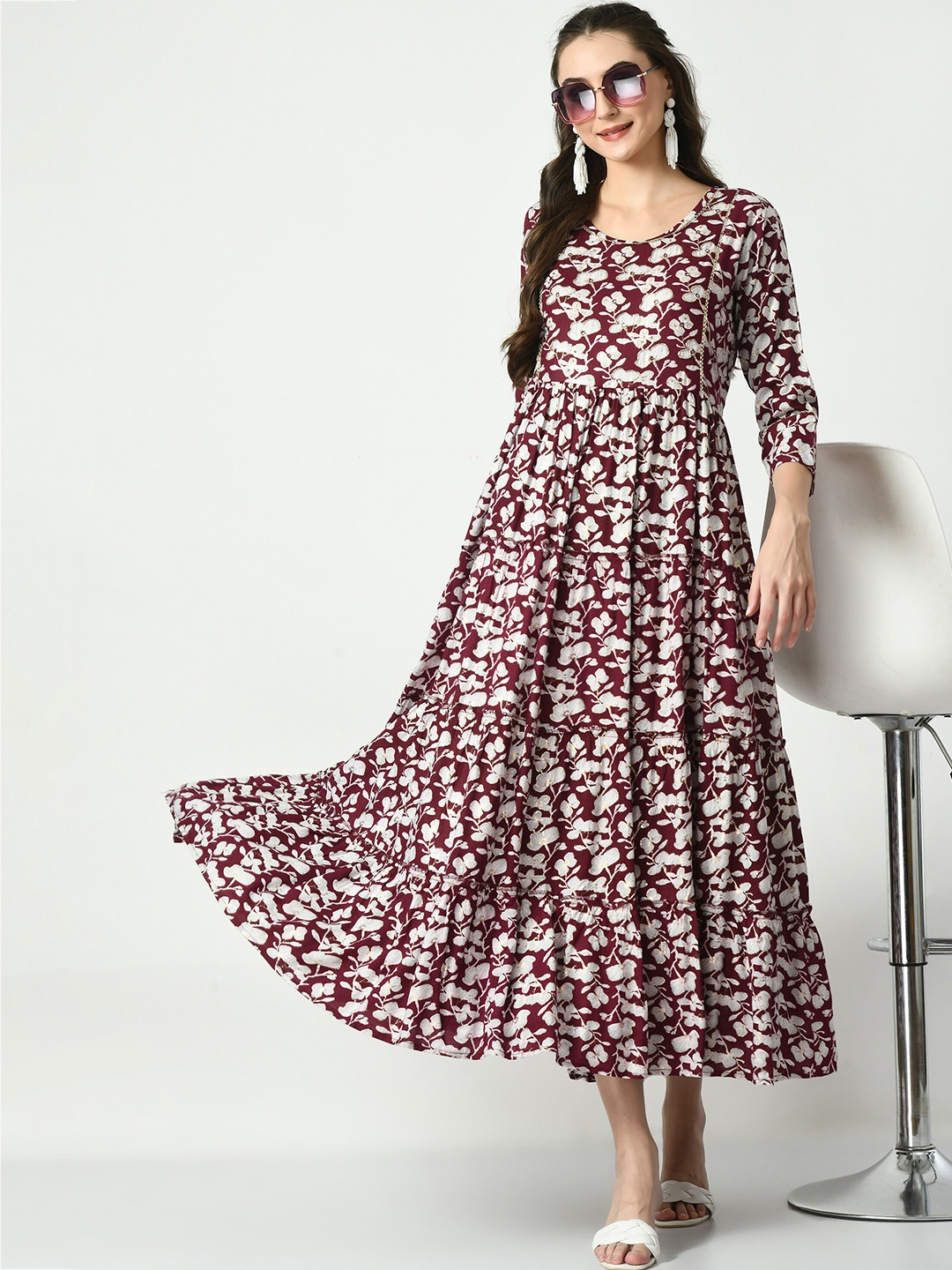 

AnjuShree Choice Floral Printed Fit & Flare Ethnic Midi Dress, Maroon