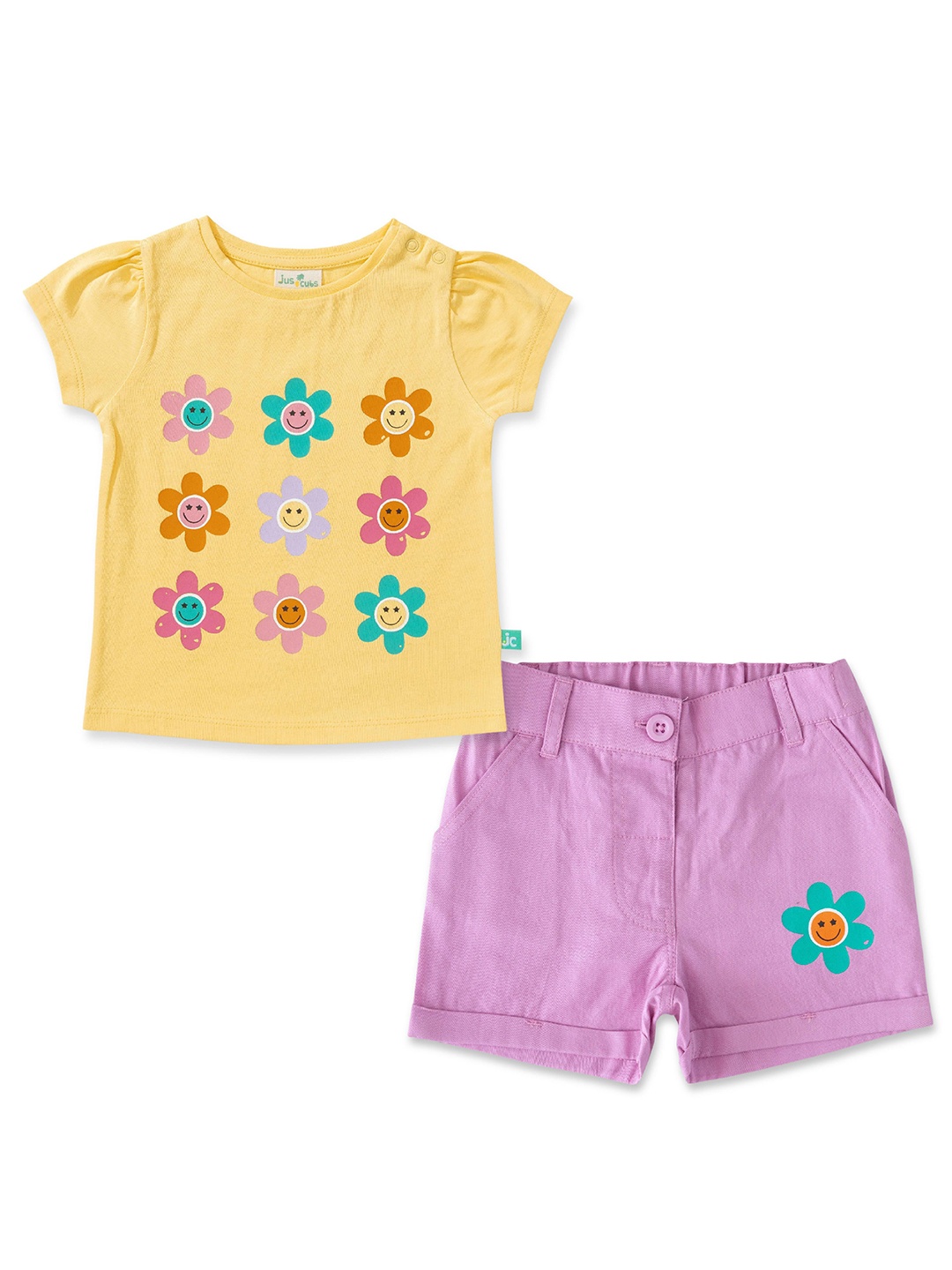 

JusCubs Girls Printed Round Neck Pure Cotton Top with Shorts, Yellow