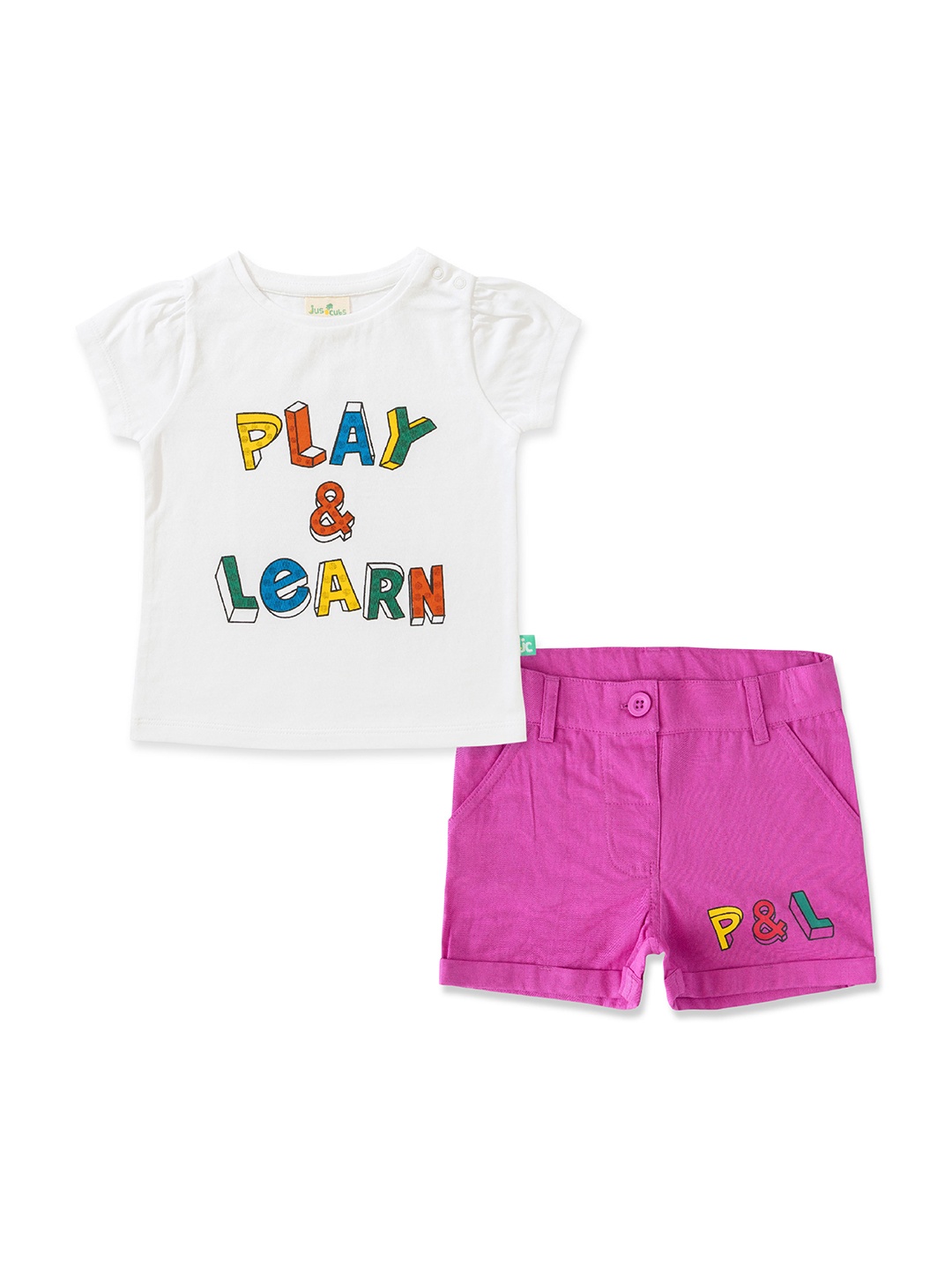 

JusCubs Girls Printed Round Neck Pure Cotton Top with Shorts, White