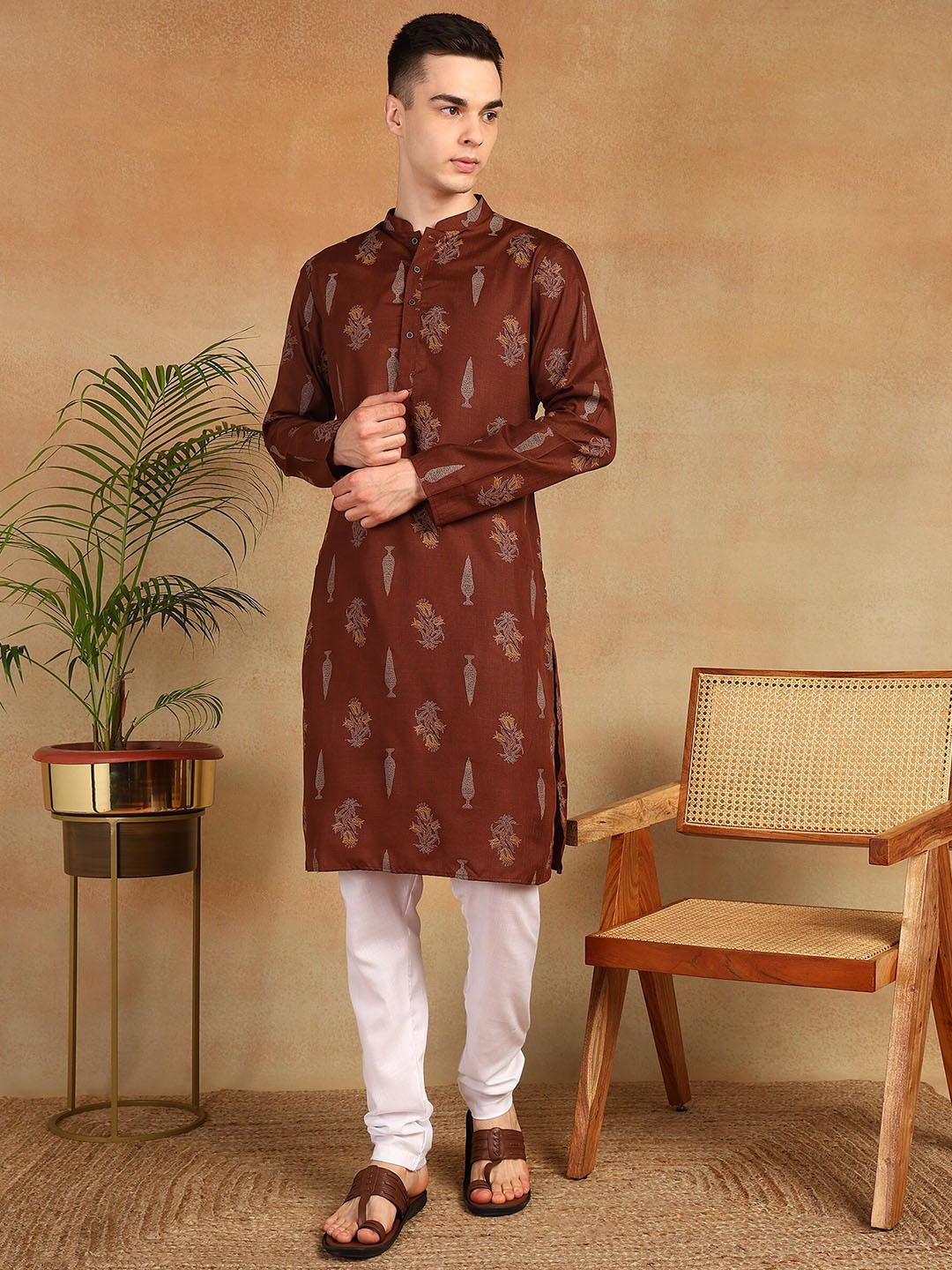 

Anouk Rust Orange Ethnic Motifs Printed Mandarin Collar Regular Straight Kurta With Pyjama
