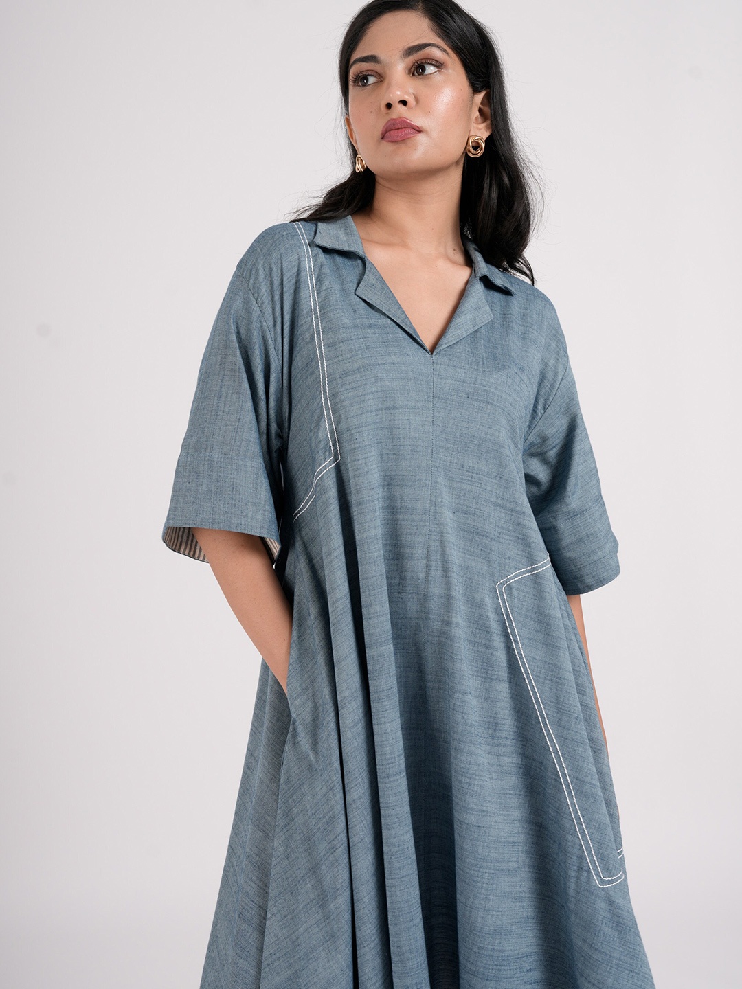 

the kaatn trail Women Solid Cotton A-Line Knee Length Dress, Blue