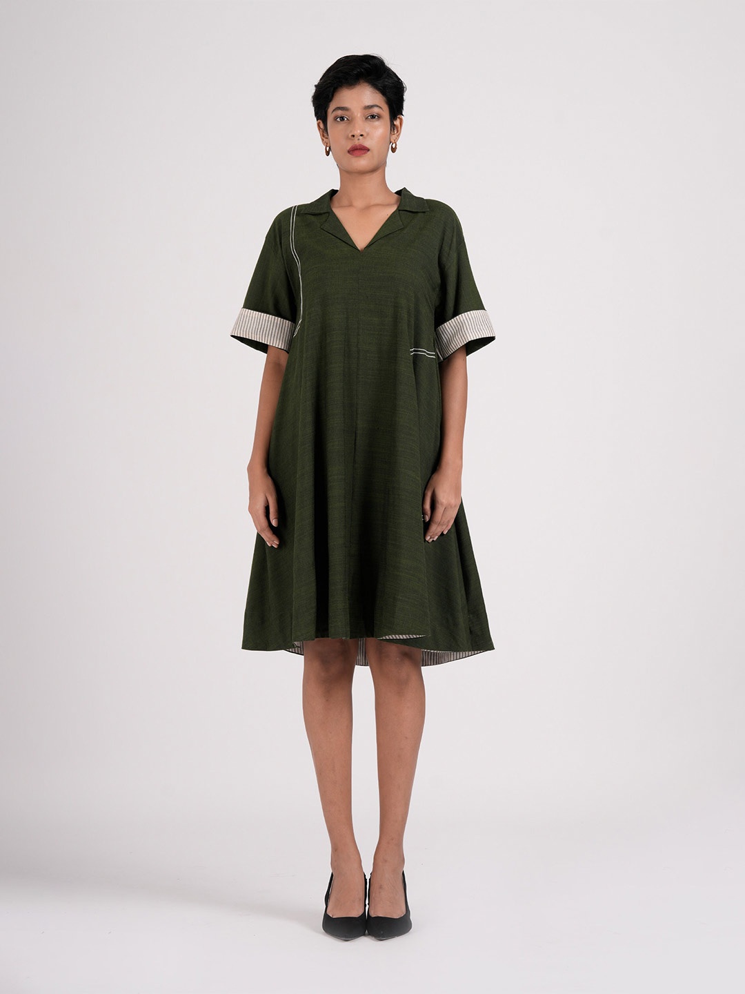 

the kaatn trail Women Solid Cotton A-Line Knee Length Dress, Green