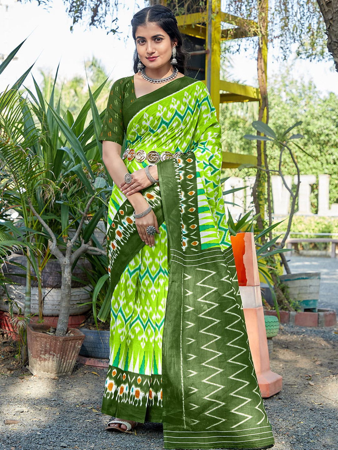 

Satrani Saree Satrani Women's Geometric Printed Cotton Blend, Lime green